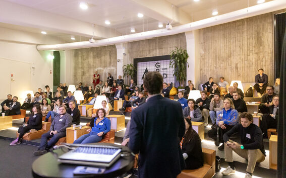 Speaker and attendees at Demo Day 2025